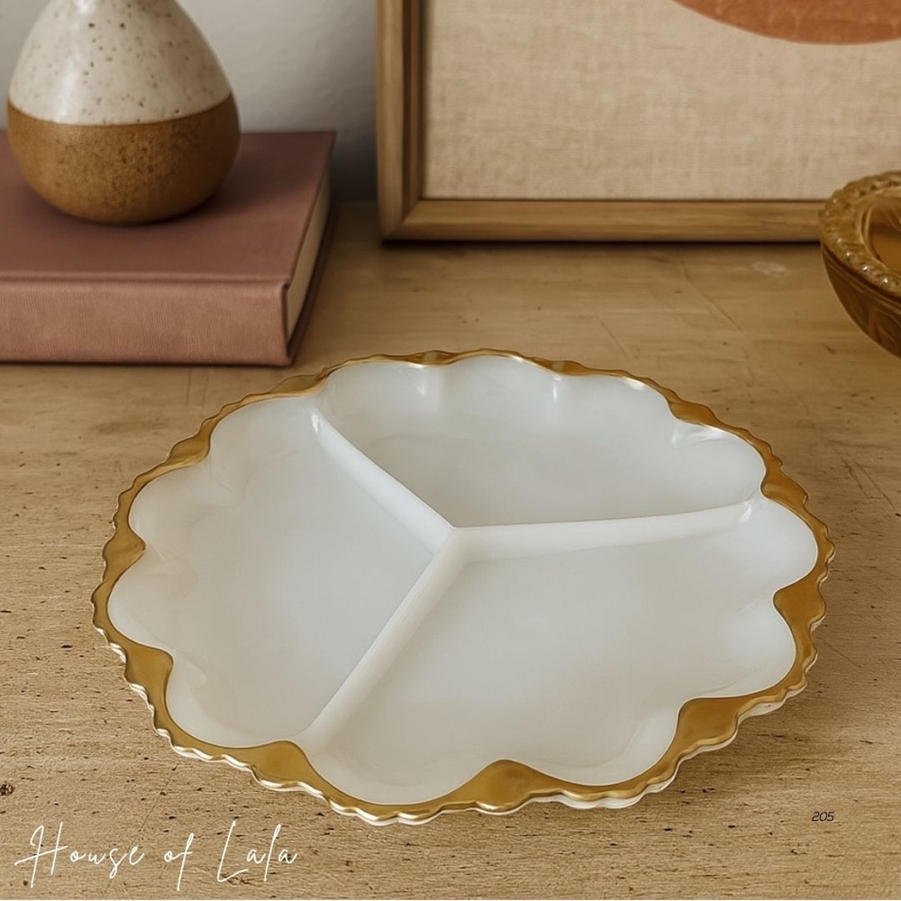 Vintage Milk Glass Decor Dish Gold Trim. Catch All Tray